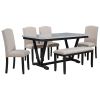 TREXM Modern Style 6-piece Dining Table with 4 Chairs & 1 Bench, Table with Marbled Veneers Tabletop and V-shaped Table Legs (White)