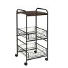 3-Tier Rolling Kitchen Storage Cart with 2 Metal Basket Drawers, Black/Brown