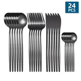 24pcs/Set Stainless Steel Cutlery; Portuguese Cutlery Spoon; Western Cutlery Set (Color: Black)